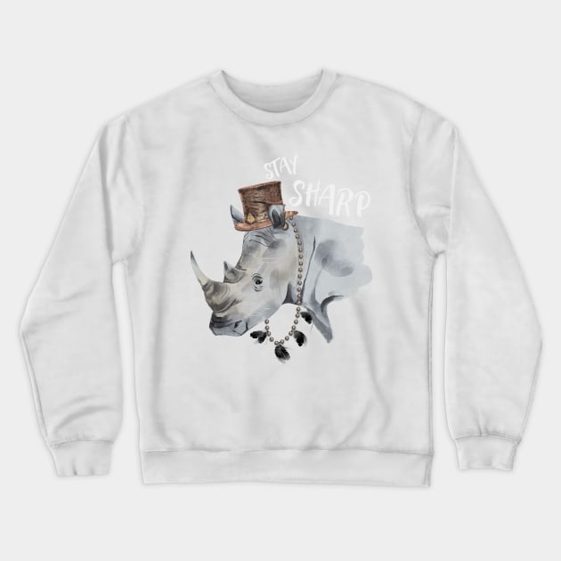 Stay Sharp Rhino Wearing Top Hat Crewneck Sweatshirt by kansaikate